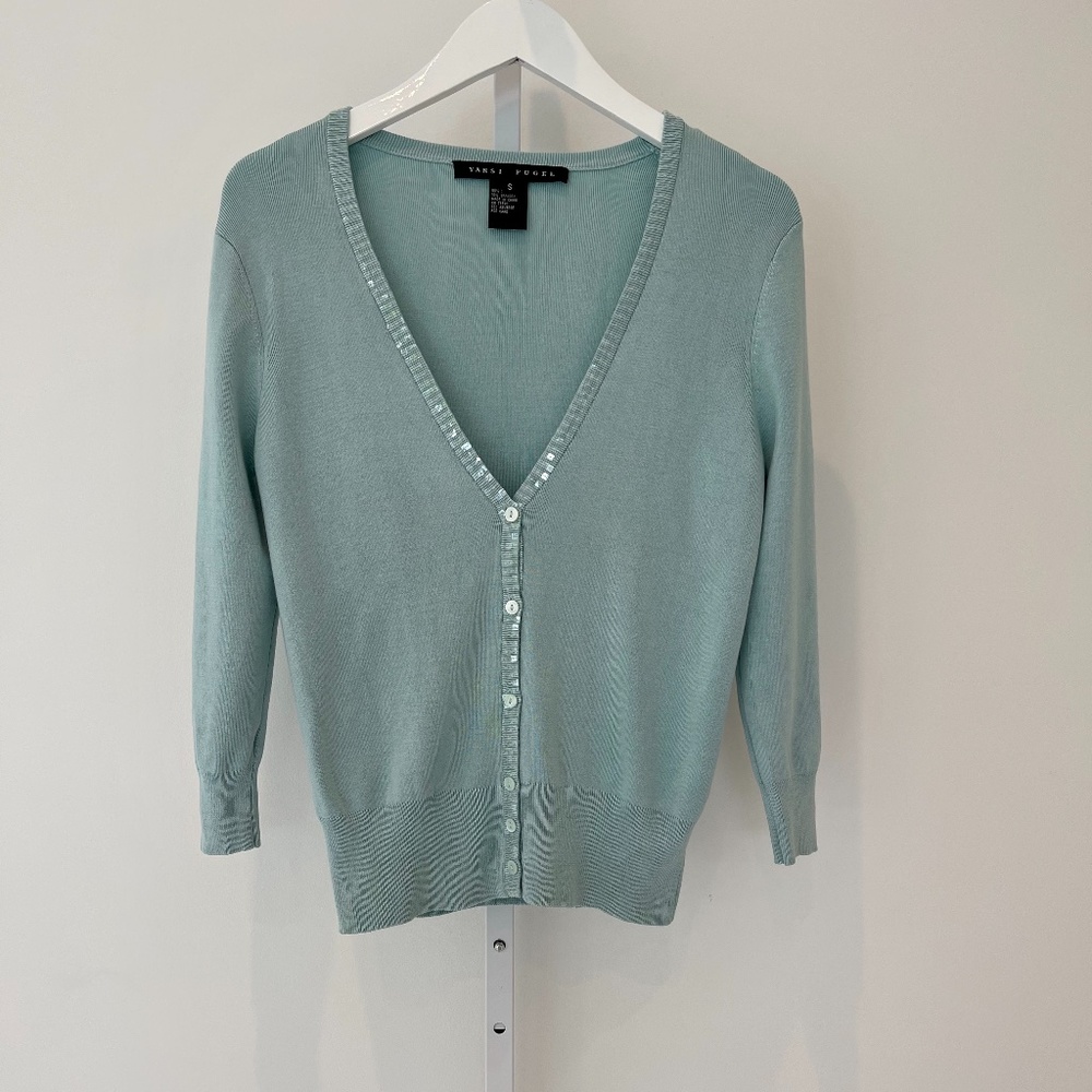 YANSI FUGEL AQUA MINT KNIT SEQUIN CARDIGAN SMALL